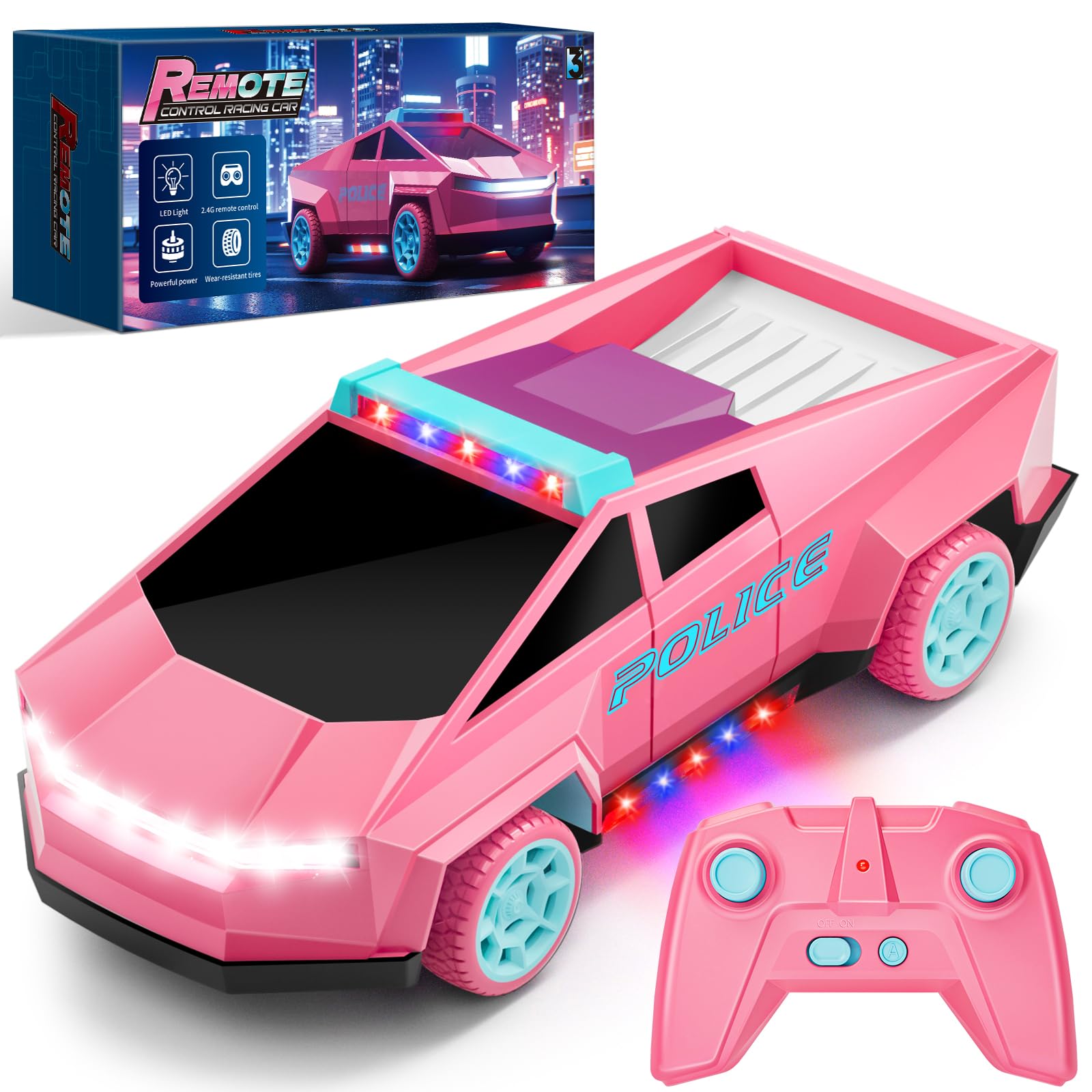 Cool Remote Control Car Toys for Girls, 1:20 Pink Police RC Truck with Flashing LED Lights and Loadspace, 2.4 GHz Rechargeable R