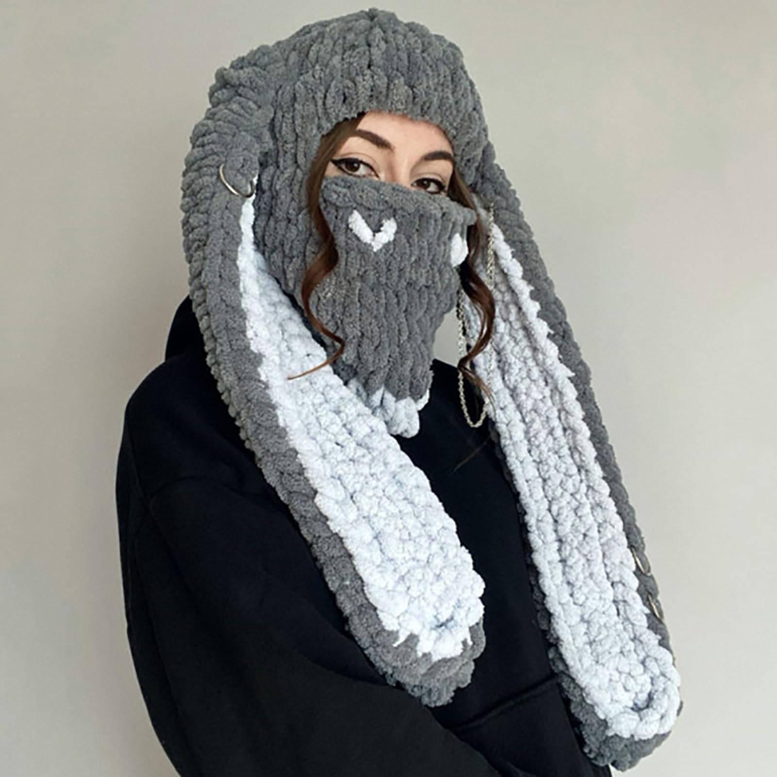 XKCL Bunny Hat - Funny Knit Plush Hat with Long Fluffy Ears, Cosplay Party Hat (Grey White)