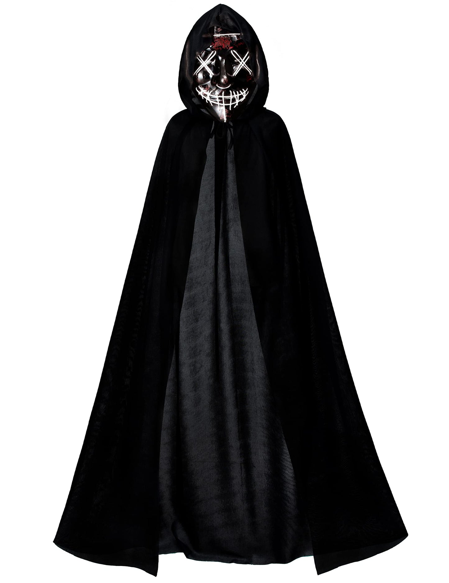 Kids Full Length Hooded Velvet Cloak Halloween Cape Costumes With White Led Light Up Scary Mask (47'/120Cm)