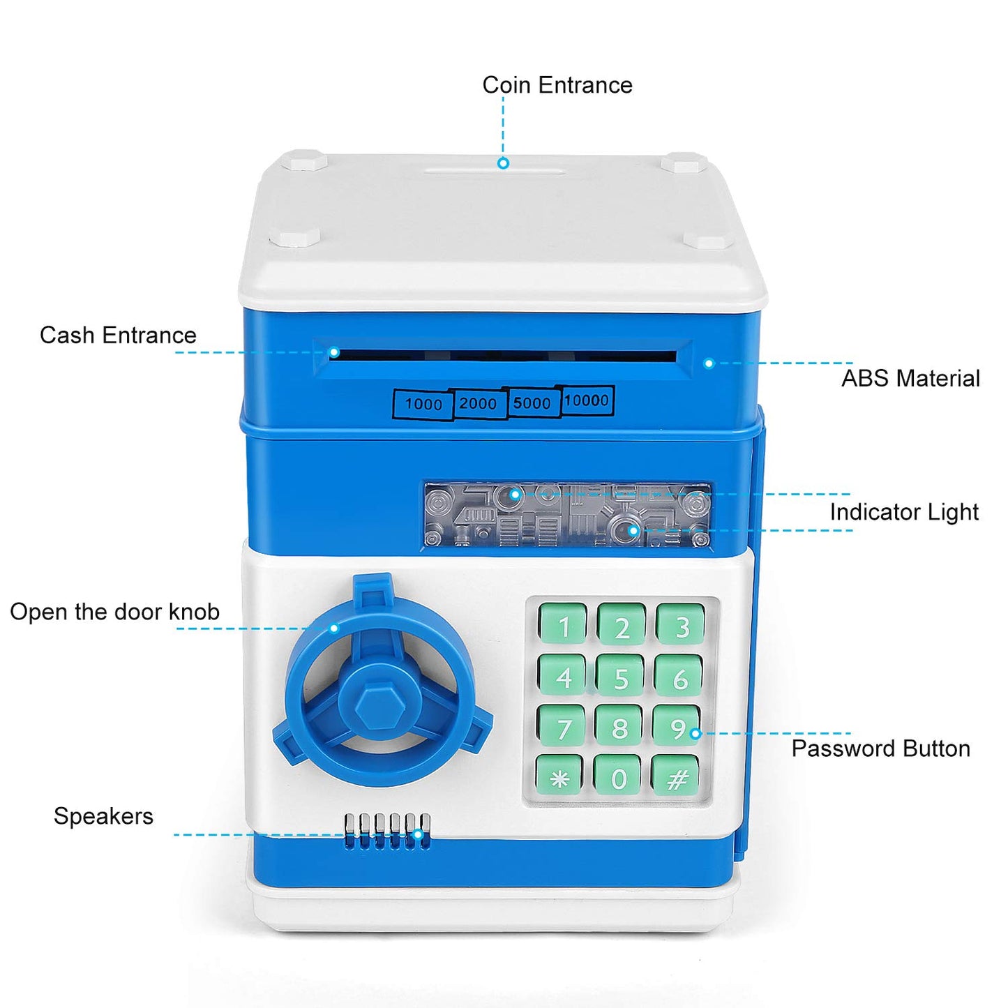 Adsoner Cartoon Piggy Bank, Electronic Atm Password Cash Coin Can Auto Scroll Paper Money Saving Box Gift For Kids (Blue)