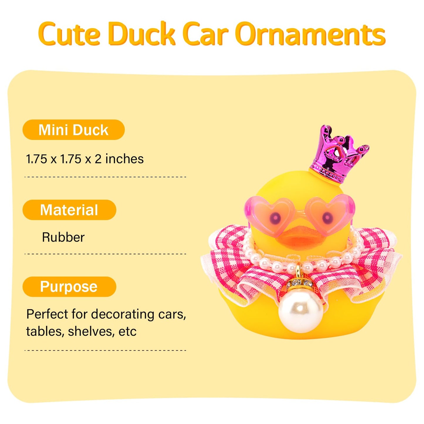 wonuu Rubber Duck Car Dashboard Decoration, Duck Car Ornament Cute Car Accessories with Mini Crown Dress Pearl Necklace Glasses,