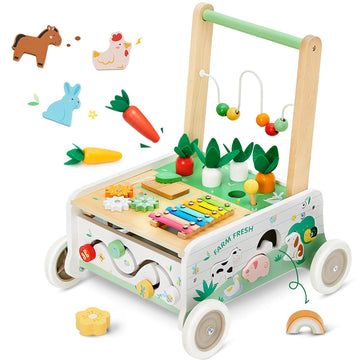 Wooden Baby Walker, Baby Push Walker, Adjustable Speed Baby Walker With Wheel, Toddler Activity Center Toys, Montessori Farm Wal