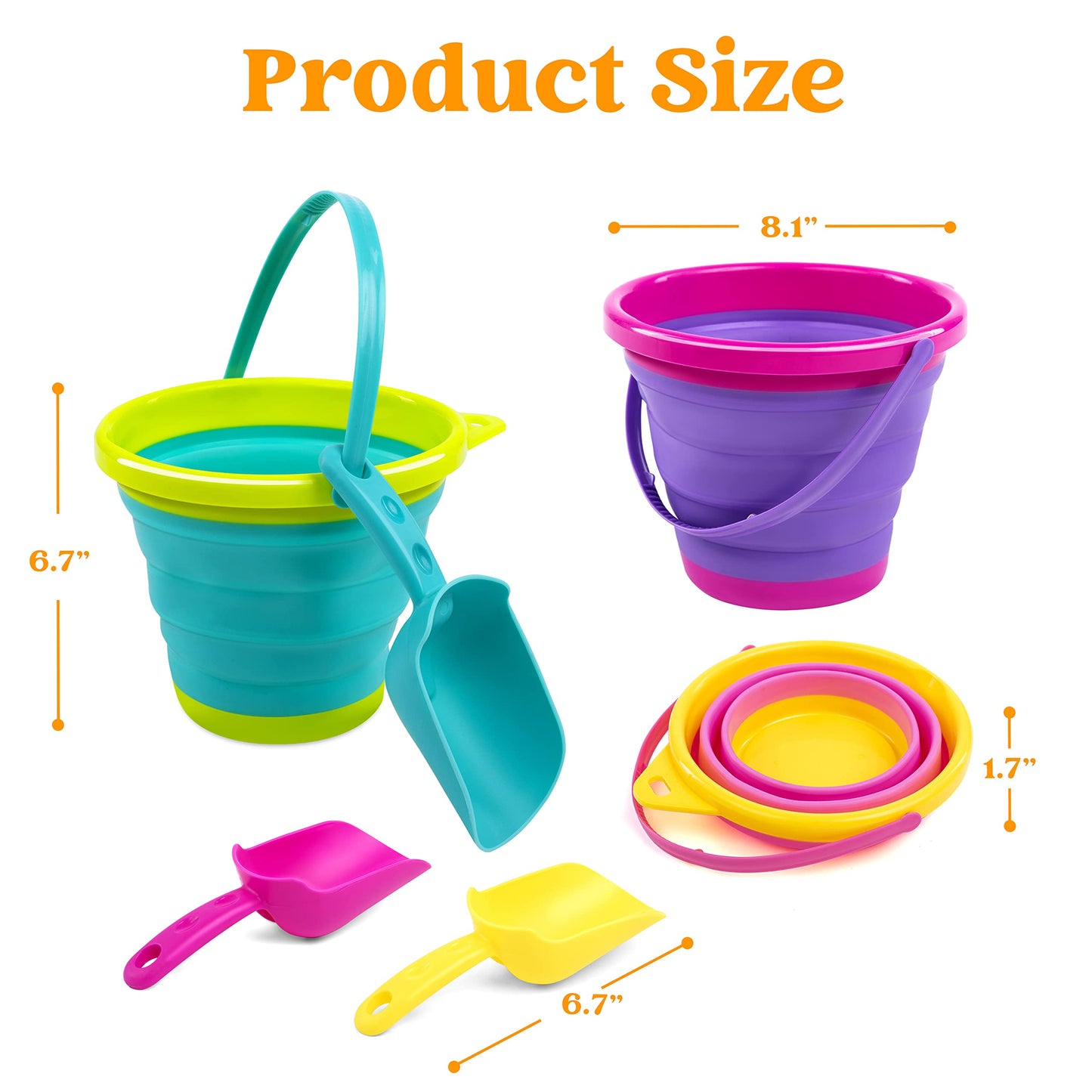 JOYIN Foldable Beach Bucket Set - 3 Packs Collapsible Toy Buckets with Shovels and Mesh Backpack for Kids Toddlers Party, Campin