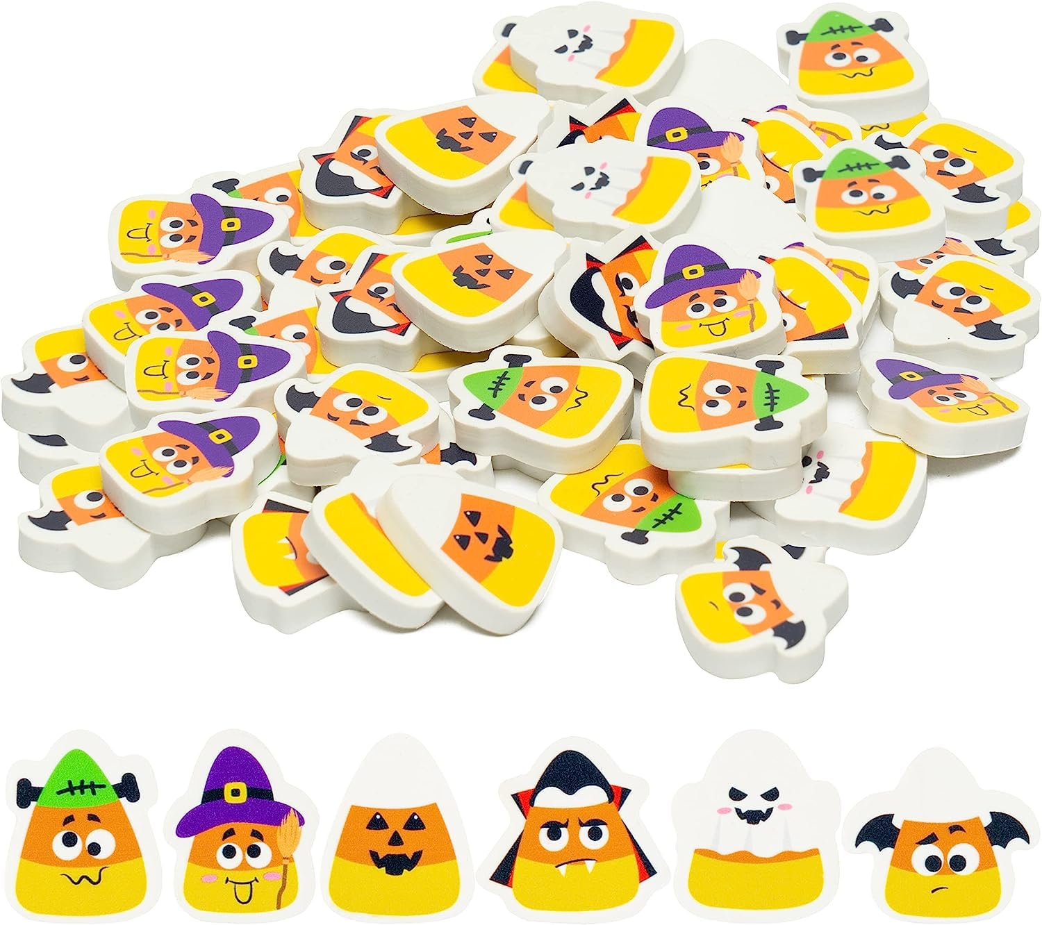 Haooryx 60PCS Halloween Candy Corn Shaped Mini Eraser for Kids Bulk, Novelty Corn Pencil Erasers 3D Desk Puzzle Erasers Pet for 