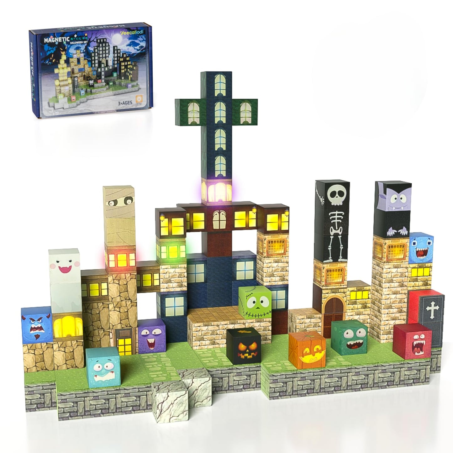 Veecafiodi Magnetic Blocks -137Pcs Lights Halloween Building Blocks,World Magnetic Tiles Kids Build Cubes 3+,Stem Toys For 3-5 4