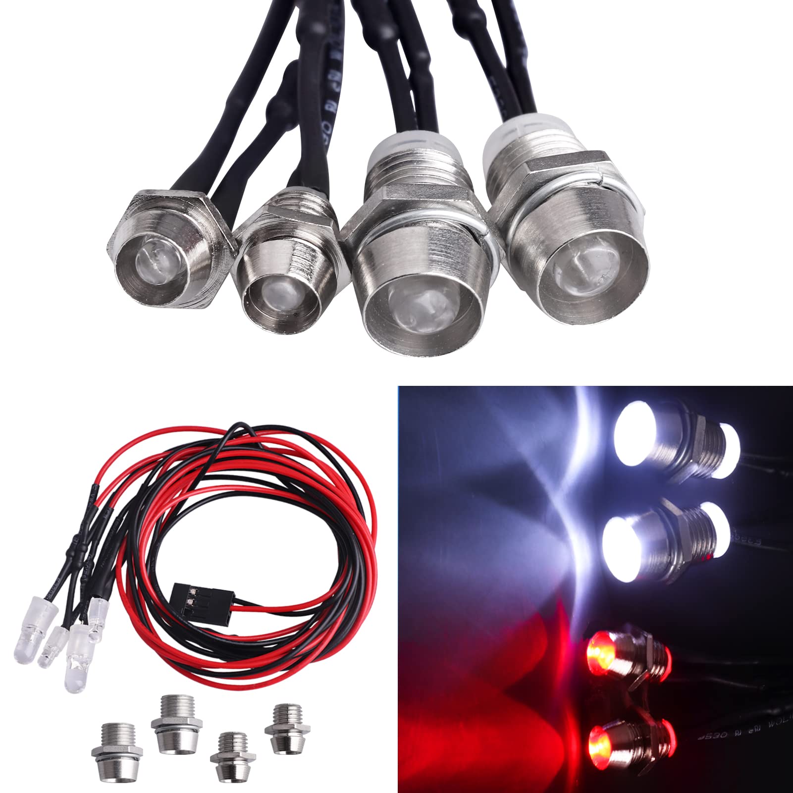AllinRC 4Leds LED Lights Headlights Taillight Kit Accessories Compatible with Traxxas Arrma Axial SCX10 Redcat RC4WD HSP Tamiya 
