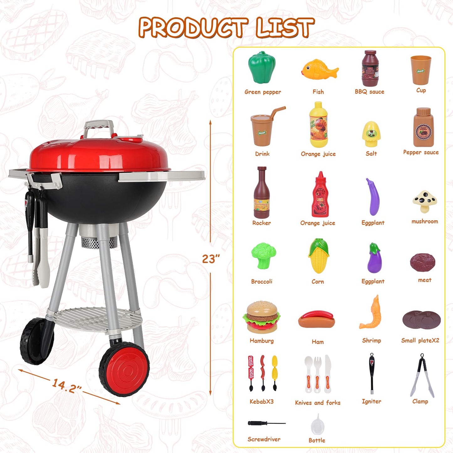 ITEFDTUTNE 35 PCS Cooking Toy Set, Kids Kitchen Toy, BBQ Grill Playset with Pretend Smoke, Outdoor Interactive Cooking Game Gift