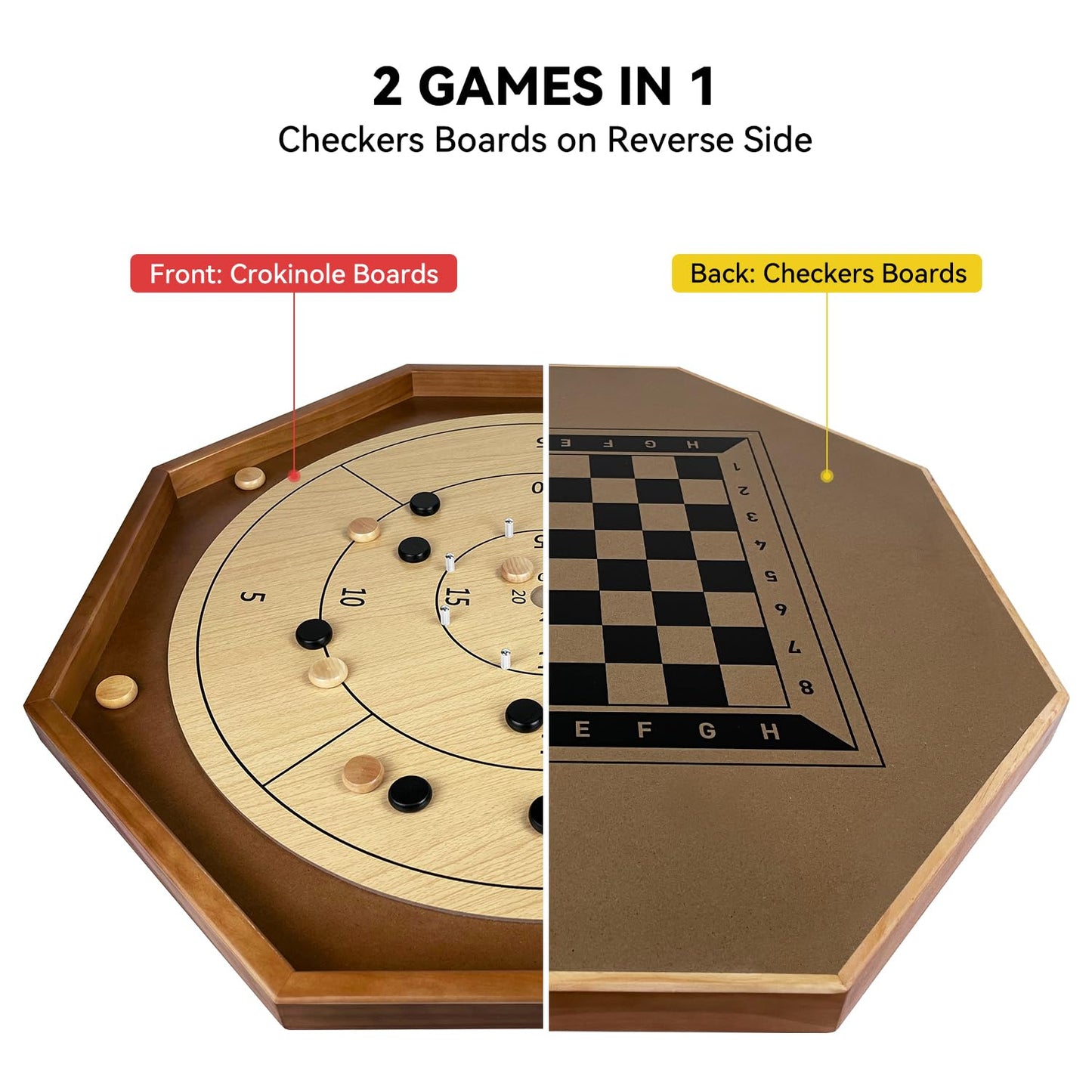 30 Inch Tournament Crokinole Board Game, 2 In 1 Crokinole And Checkers With 26    Playing Surface, Metal Pegs, Wooden Octagon Ca