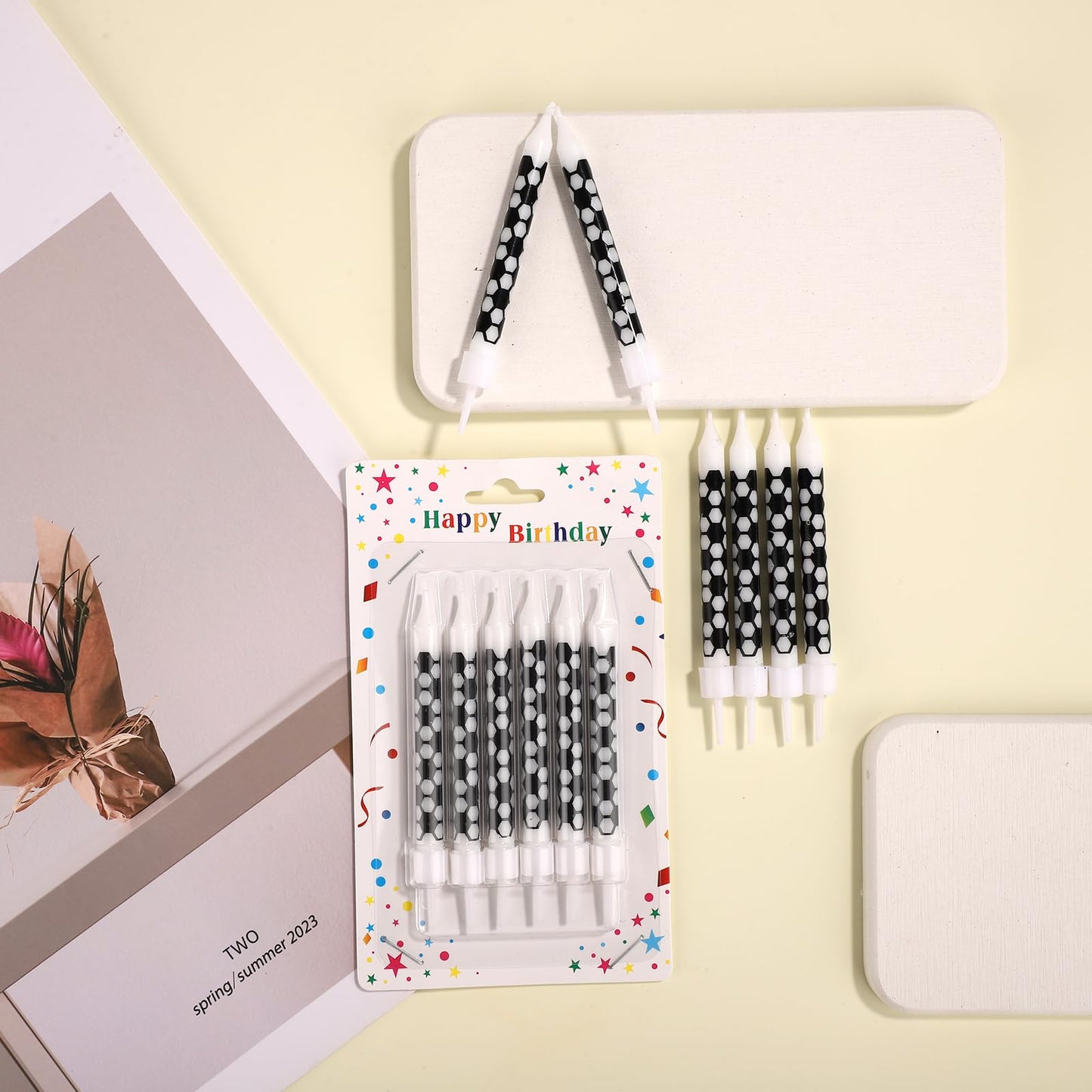 12pcs Black and White Checkered Flag Candles, Soccer Party Birthday Candles Charm Racing Cars Themed Candle for Sports Fans Birt