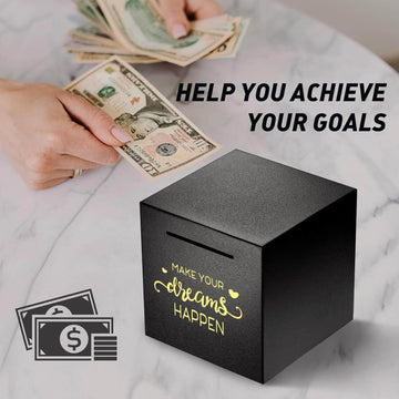 Piggy Bank Made Of Stainless Steel, Piggy Banks For Adults Coin Bank,Can Only Save The Piggy Bank That Cannot Be Taken Out (Make.Your.Dreams.Happen(4.72 Inch-Black))