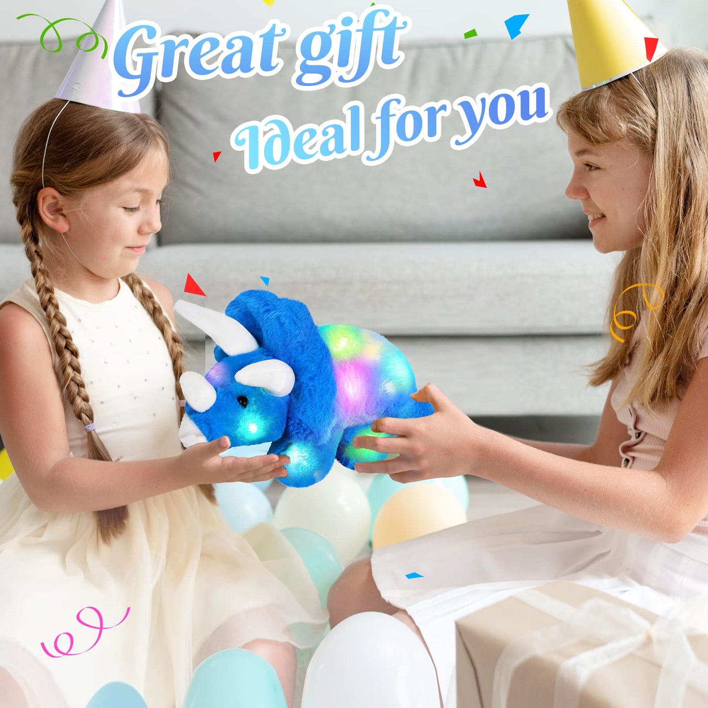 Glow Guards LED Triceratops Plush Toy - 16'' Blue Dinosaur with Night Lights & Lullaby for Kids and Toddlers