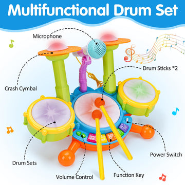 Drum Set For Toddlers 1-3 Musical Toys With 2 Sticks Microphone For 6-12 18 Months Baby Music Instruments Montessori Learning Toy Kids Toddler Drums Christmas Birthday Gift For 1 2 3 Year Old Boy Girl