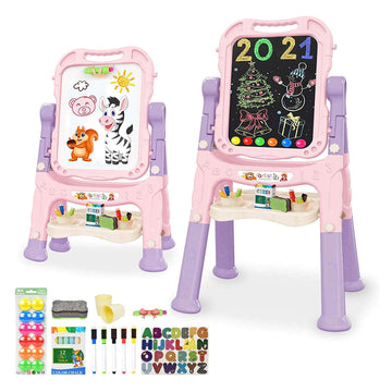 Mojitodon Art Easel For Kids, Adjustable Standing Rotatable Double Sided Easel With Painting Accessories For Toddlers Boys And Girls-Pink