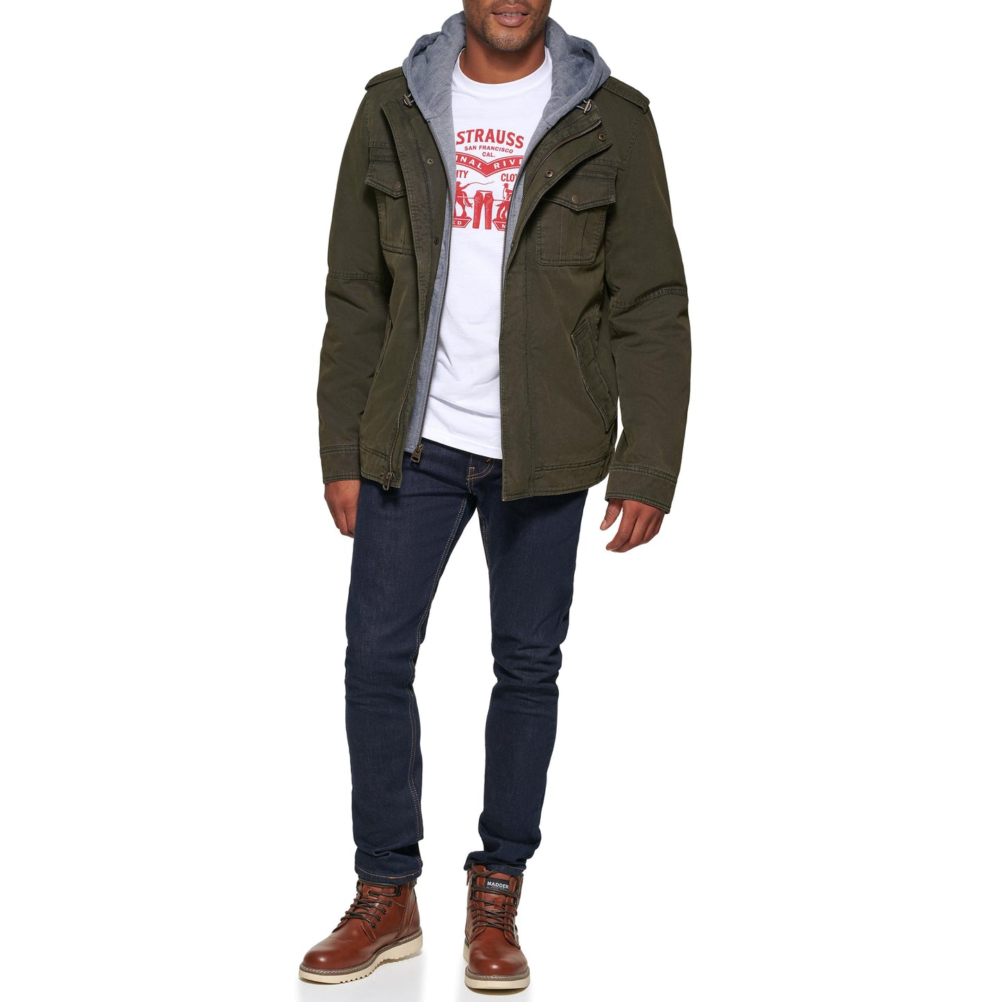 Levi's Men's Washed Hooded Military Jacket, X-Large, Olive Cotton, Model LM4RC364