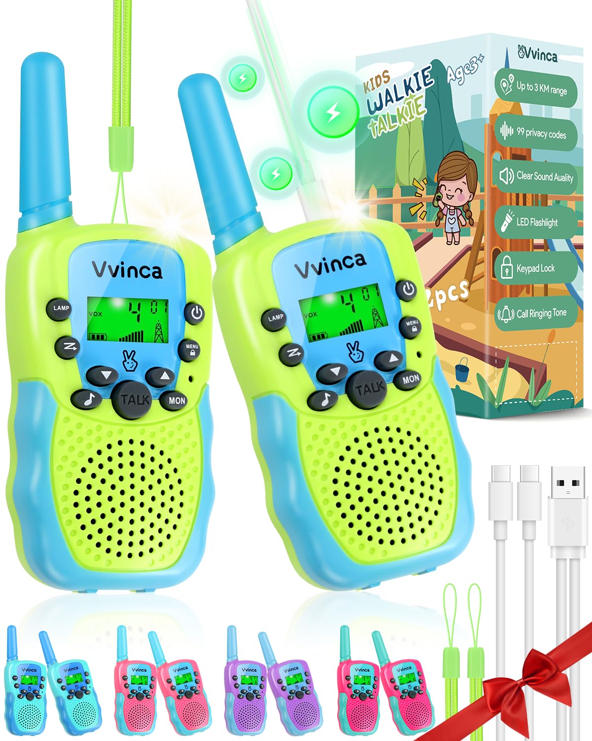 Vvinca Walkie Talkies For Kids Rechargeable Toys For Ages 5-7, Long Range 22 Channels 2 Way Kids Walkie Talkie With Flashlight F