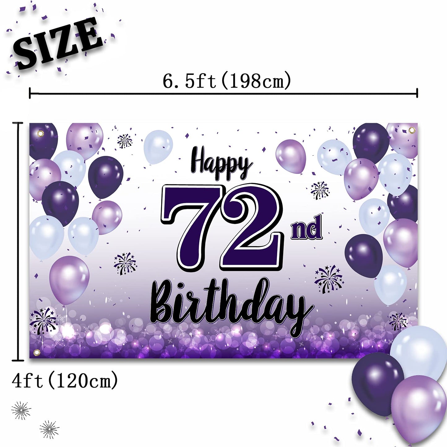 LASKYER Happy 72nd Birthday Decorations,72nd Purple Balloon Large Birthday Banner Backdrop Sign,72 Years Old Bday Party Supplies