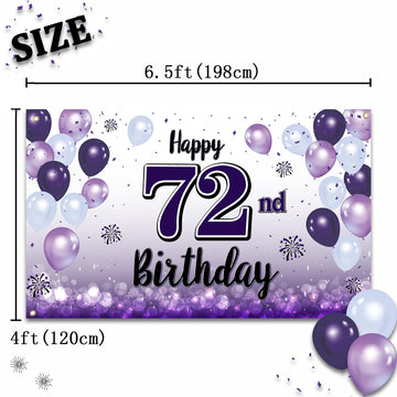 LASKYER Happy 72nd Birthday Decorations,72nd Purple Balloon Large Birthday Banner Backdrop Sign,72 Years Old Bday Party Supplies