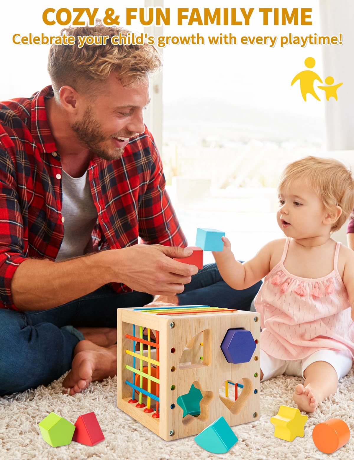 AMAWOOD Montessori Toy for Toddlers, Shape Sorter for Babies, Wooden Shape Sorting Cube with 8 Rattling Blocks Baby Toys, Educat