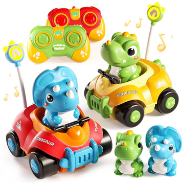 Jovow Dinosaur Remote Control Car for Toddlers,Two Dinosaur Toys Vehicles with LED Lights & Music,Electric RC Cars Toys for Boys