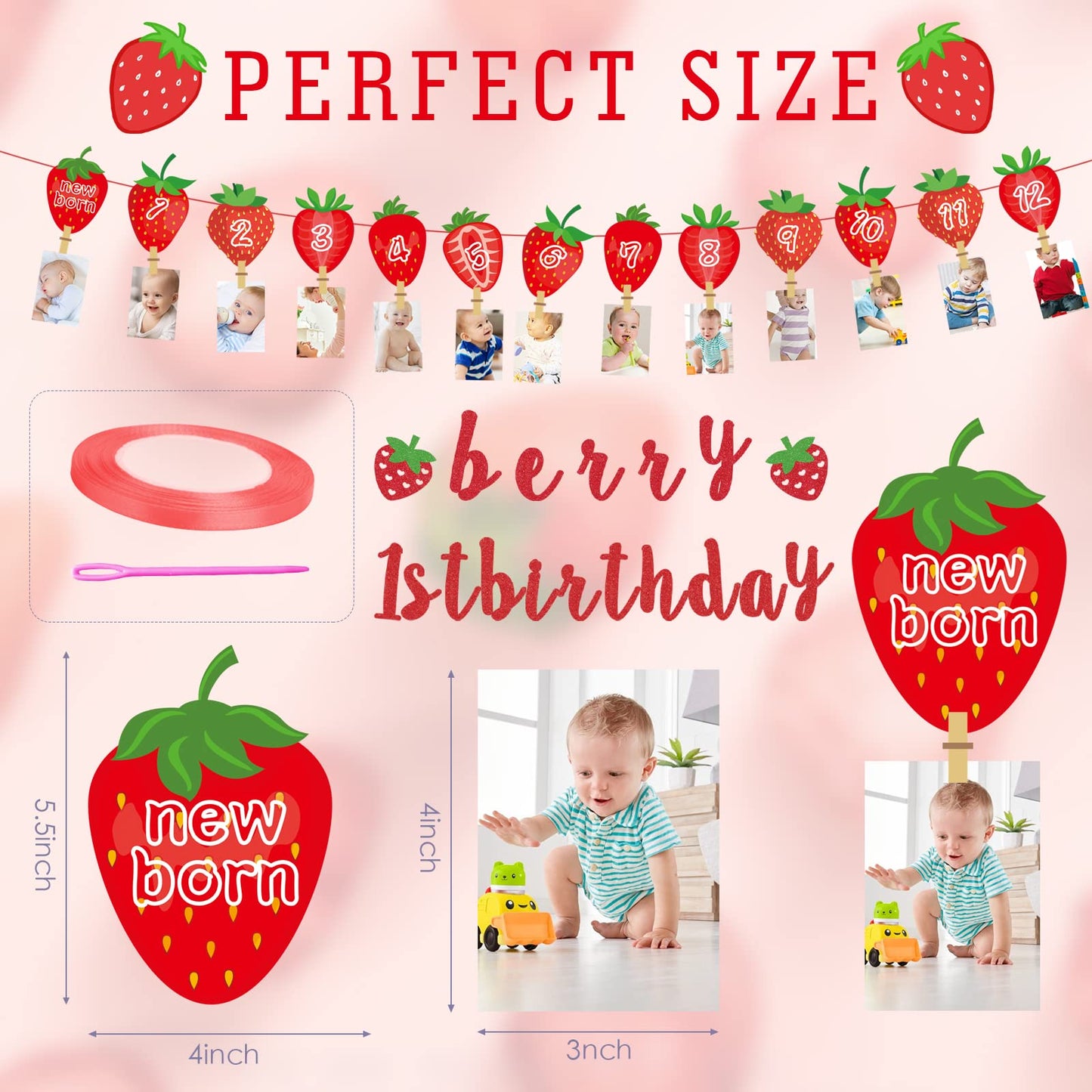 Strawberry 1St Birthday Photo Banner Baby Fruit Strawberry Birthday Photo Banner For Newborn To 12 Months Milestone Photograph B