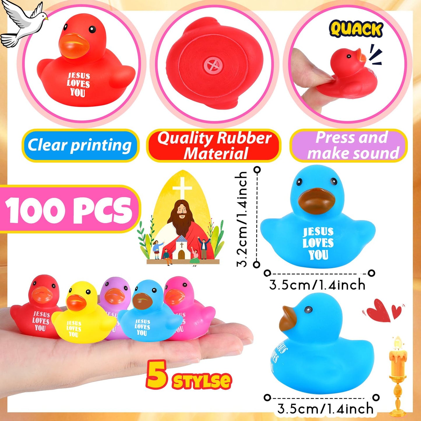 Deekin 100 Pcs Jesus Loves You Rubber Ducks Bulk Jesus Rubber Ducks Christian Ducks Jesus Gifts For Church Religious Christian Events Party Gift Baskets Fillers Reward (1.4 Inch)