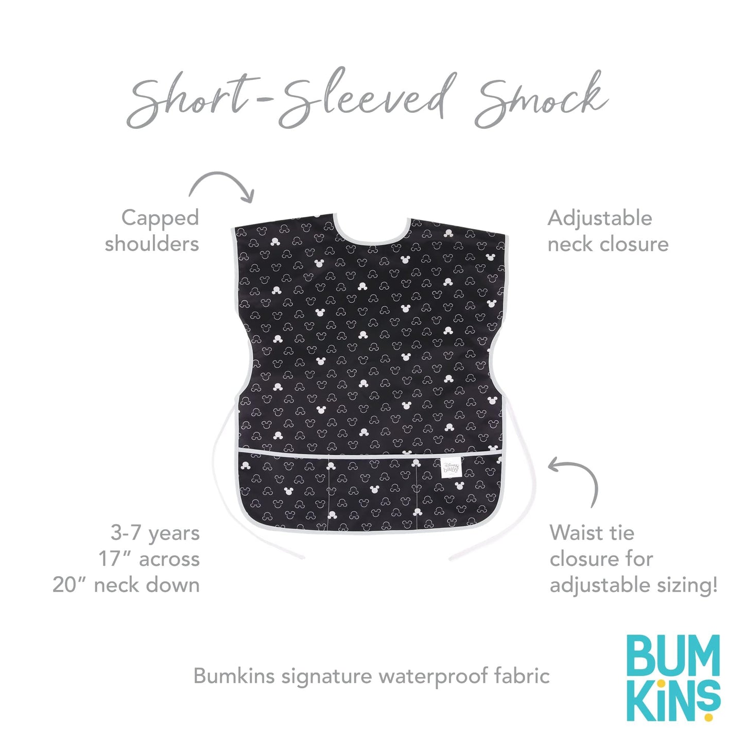 Bumkins Disney Short Sleeve Smock, Toddler Reusable Waterproof Bib For Girls And Boys 3-7 Years, Junior Childrens, Kids Paint Apron, Arts, Crafts And Play With Pocket, Soft Fabric, Mickey Mouse Icon