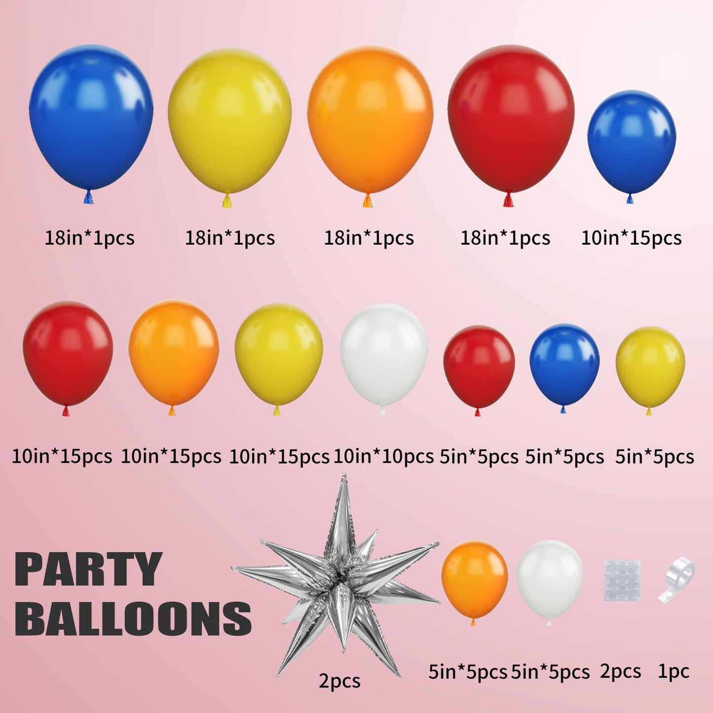 Red Yellow Blue Balloon Arch Kit, Colorful Balloon Garland With Red Blue Yellow Orange Latex Balloons, Silver Star Foil Balloons