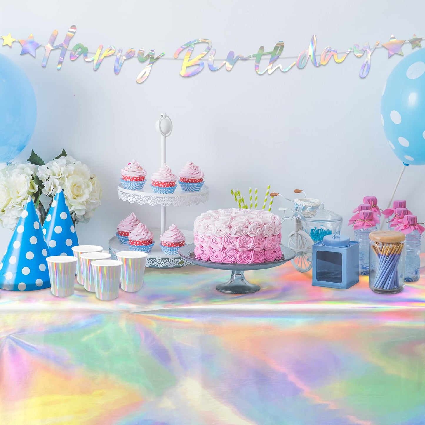 Iridescent Party Supplies - Disposable Paper Plates, Cups, Napkins, Tablecloth & Banner - Ideal For Mermaid Themed Events & Birt