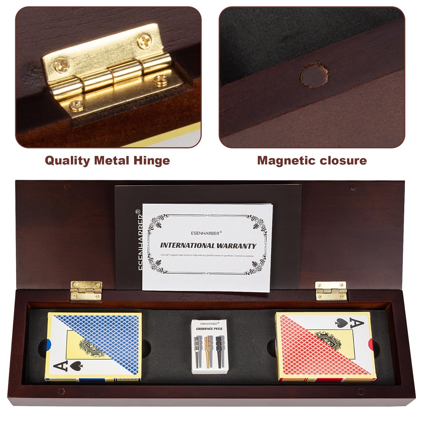 Cribbage Board Game Set, Premium Wooden Board With Magnetic Lock And Metal Pegs, 2 Playing Cards, And Large Storage - Travel-Fri