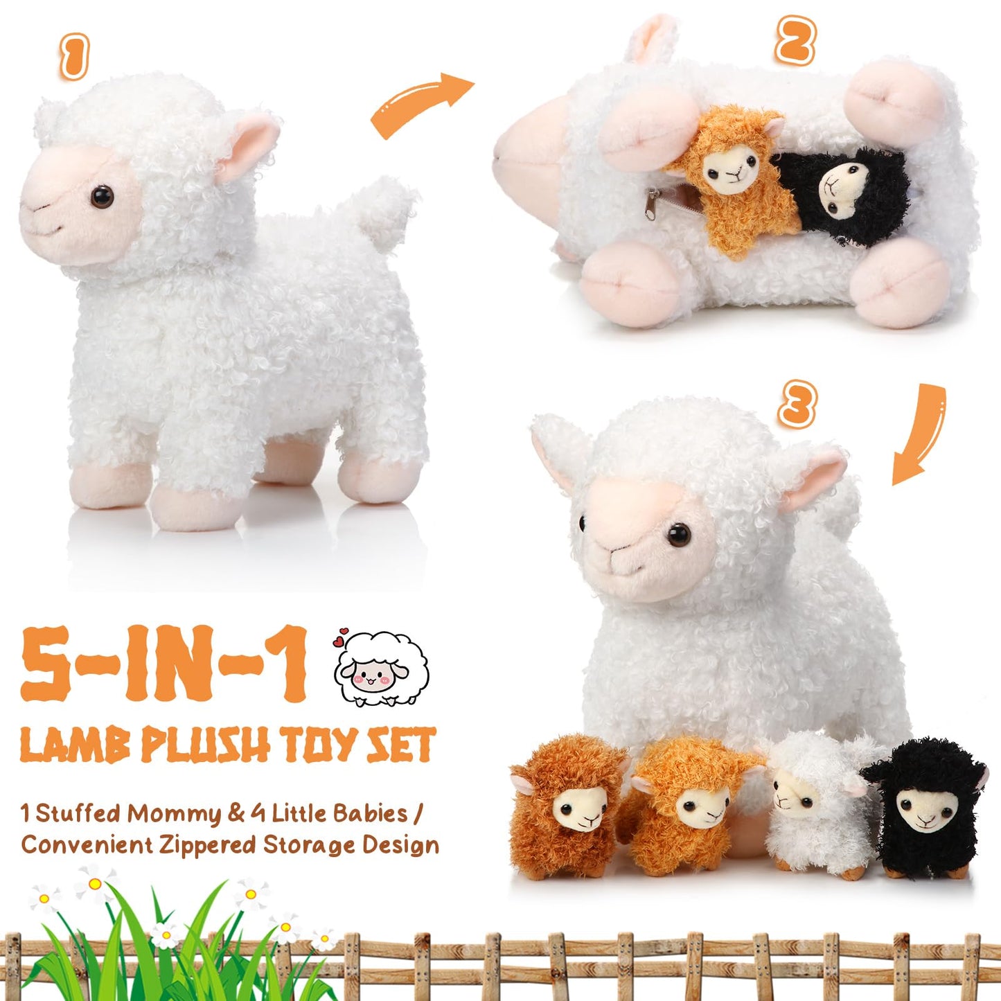 Lenwen 5 Pcs Lamb Stuffed Animal Toys Sets, 14 Inch Mommy Lamb Plush With 4 Cute Babies In Her Zippered Tummy Soft Cuddly Nursery Sheep Plushie For Farm Birthday Baby Shower Easter Gifts(Cute Style)