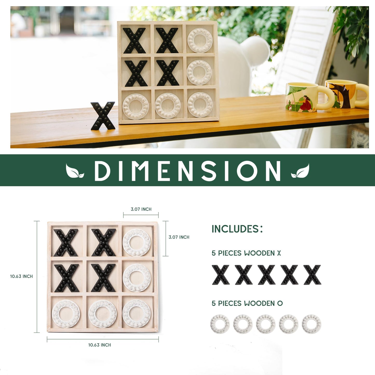 Genmous Wooden Tic Tac Toe Game Board For Seniors Family Indoor Game, 10.6 Inch White Rustic Giant Tic Tac Toe Coffee Table Deco