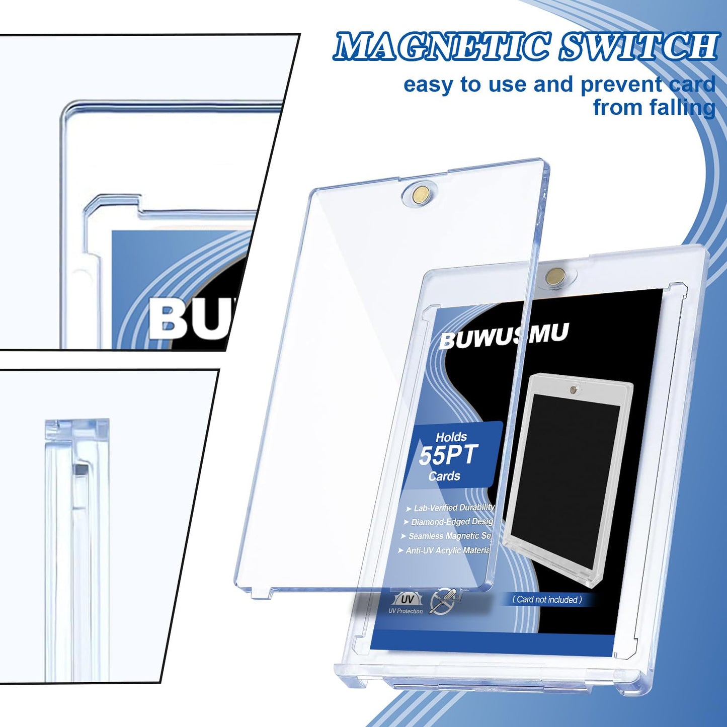 50 Pcs 55 Pt Acrylic Magnetic Card Holders(2.5 x 3.54 Inch)  One Touch Card Holder Clear Card Protectors Hard Plastic Magnetic Card Case for Sports Baseball Trading Card Storing Displaying