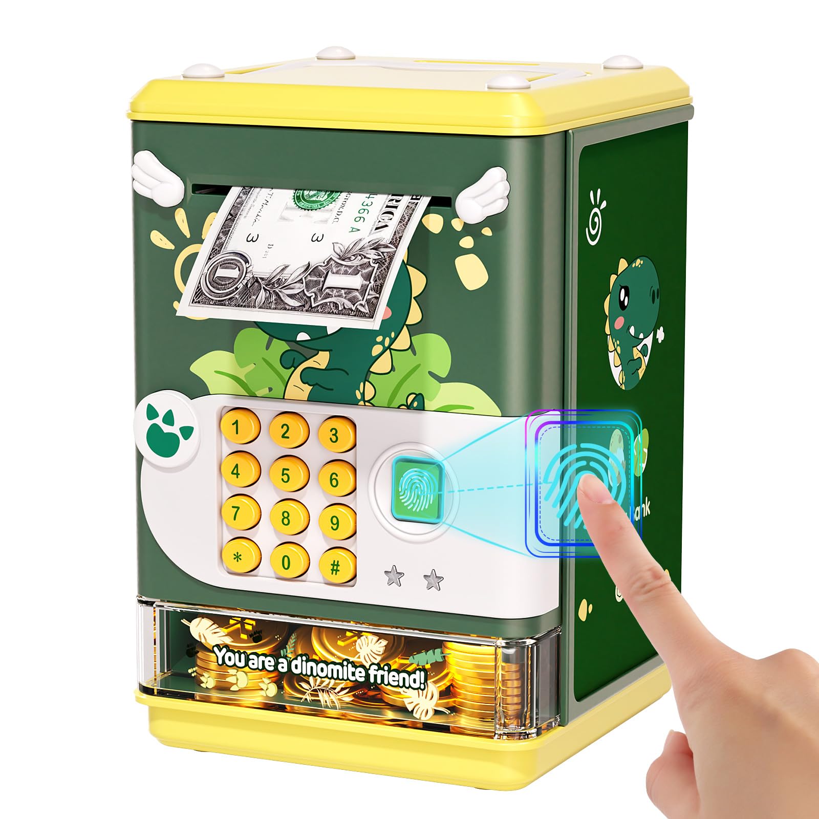 AIQI Dinosaur Electronic Piggy Bank for Boys,Mini ATM Toys of Kids,Savings Machine with Personal Password & Fingerprint Unlockin