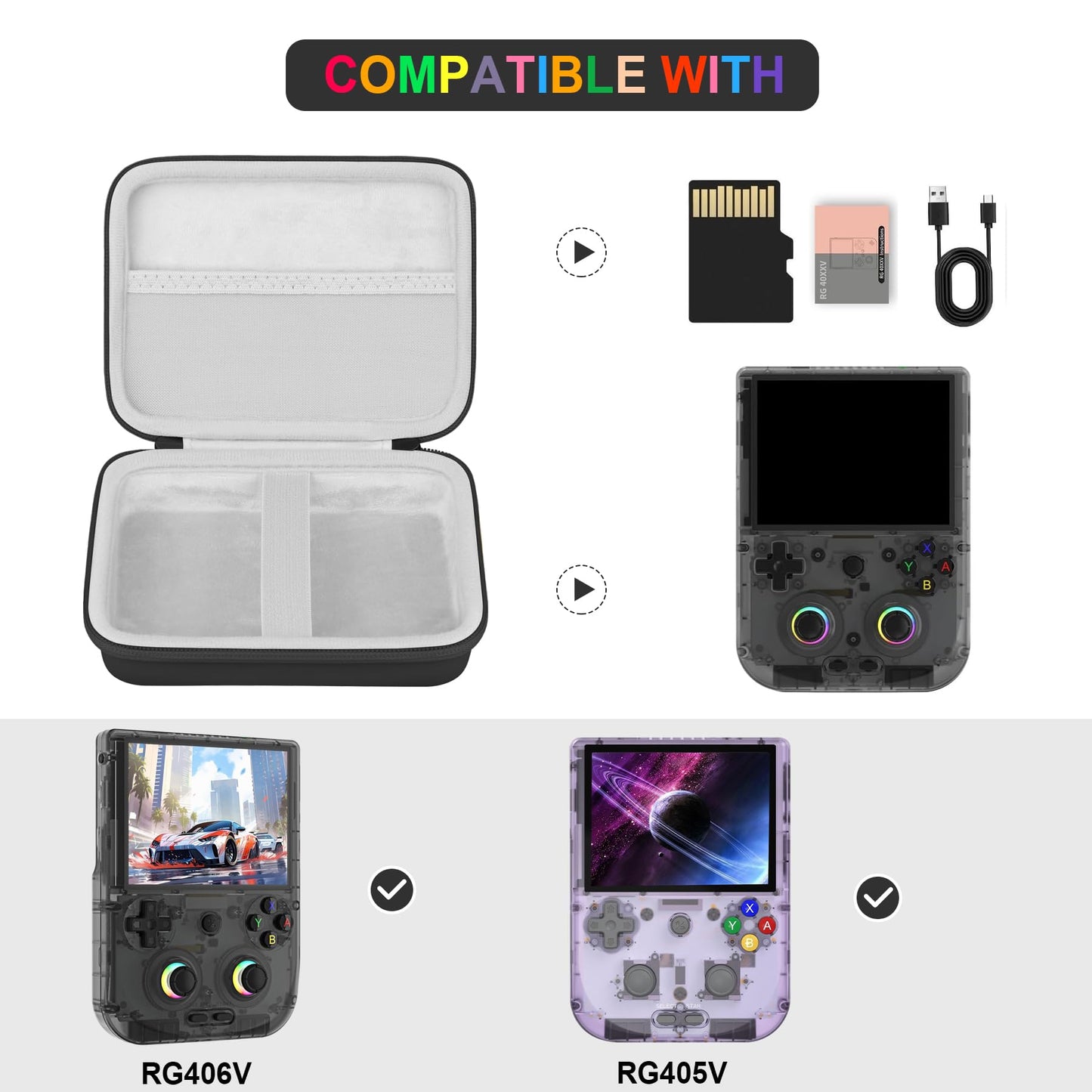 Supmay Hard Carrying Case for RG406V/ RG405V Handheld Game Console  Retro Game Protective Case with Zipper Mesh Pocket for SD Card  USB Charging Cable  User Manual  Black