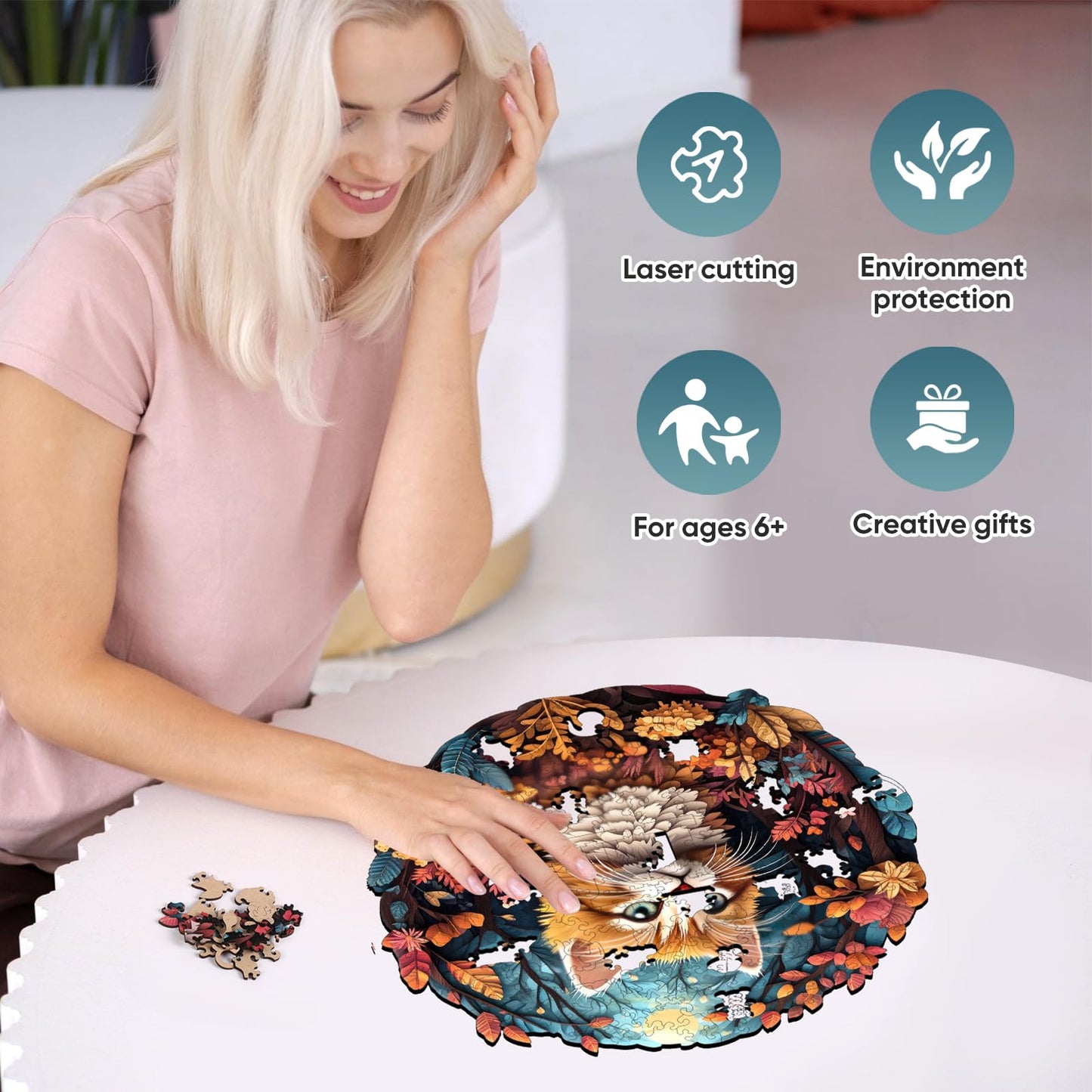 Wooden Puzzles For Mom - 3D Vision Effect Flower And Cat Wooden Puzzle 200 Pcs Unique Shape Advanced Jigsaw Puzzle, Wood Puzzles