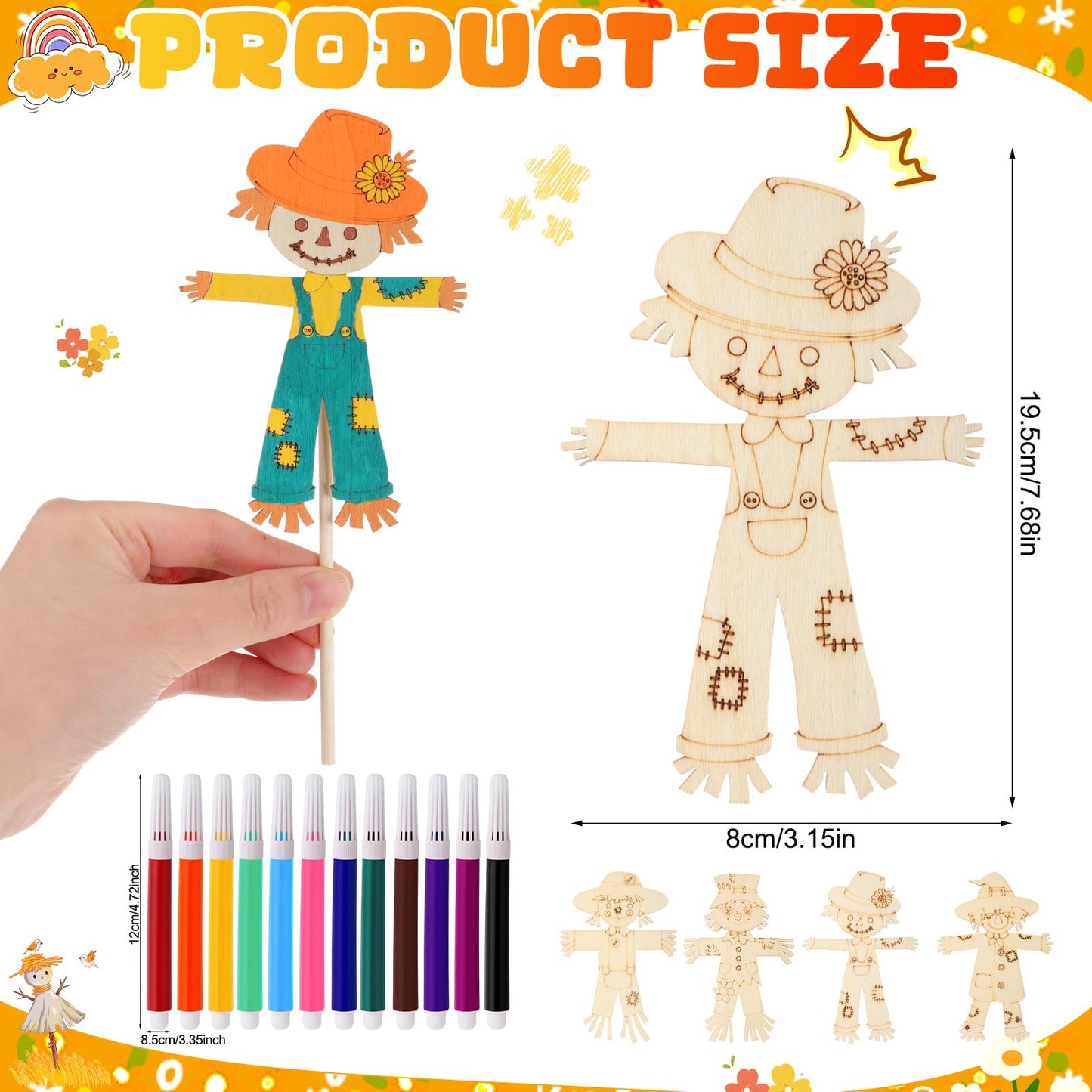 Blueweenly 24 Pcs Fall Scarecrow Painting Craft Kits for Kids DIY Scarecrow Unfinished Paintable Wood Slices Make Your Own Craft