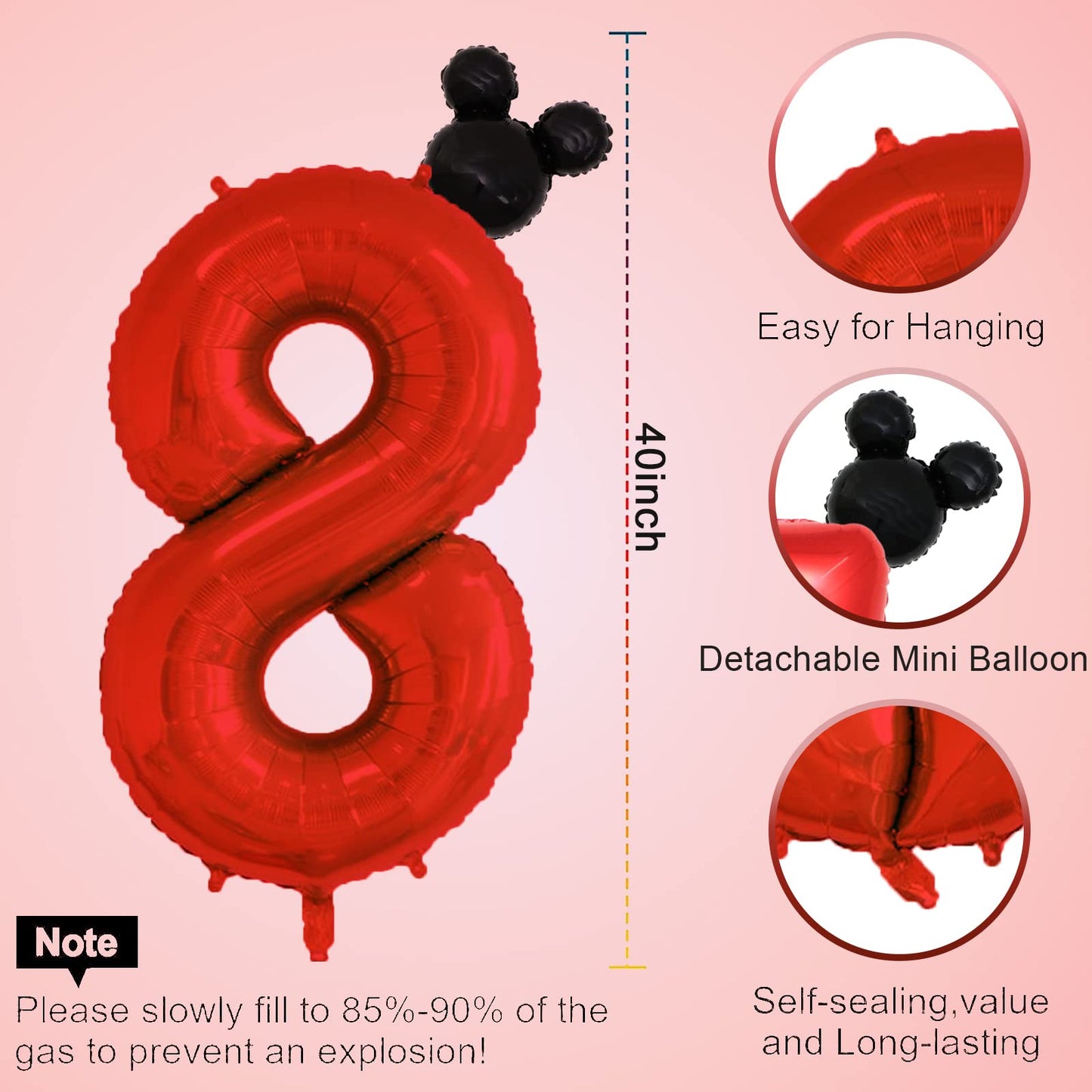 Hibilder 2Pcs Set, Red Number 8 & Mini Mouse Head Balloon, 40Inch, Aluminum, Novelty Pair, Birthday, Baby Shower, Anniversary, U