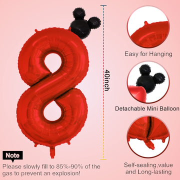 Hibilder 2Pcs Set, Red Number 8 & Mini Mouse Head Balloon, 40Inch, Aluminum, Novelty Pair, Birthday, Baby Shower, Anniversary, U