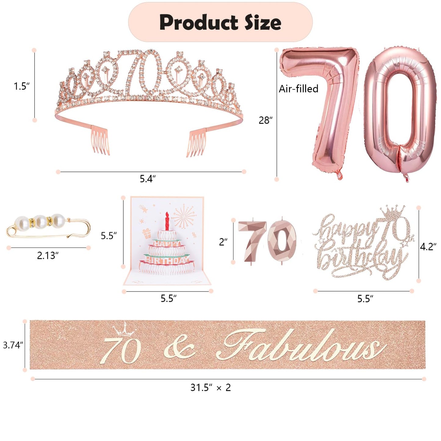 70th Birthday Gifts Decorations for Women, Including 70th Happy Birthday Cake Toppers, Birthday Queen Sash with Pearl Pin, Sweet