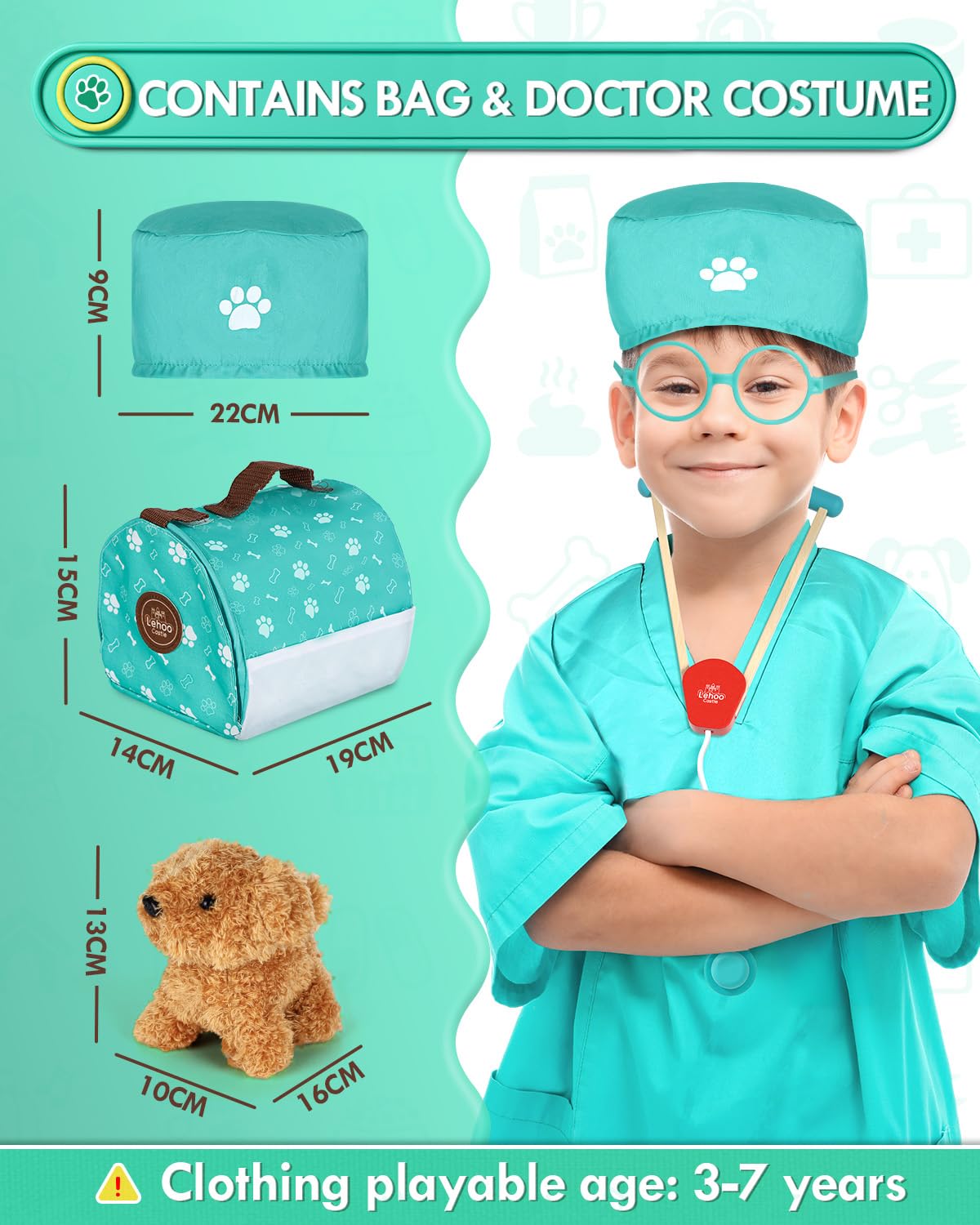 Lehoo Castle Wooden Doctor Kit for Kids, Vet Play Set, Small, Model DK-002, Pretend Play, Perfect Gift for Ages 3-6