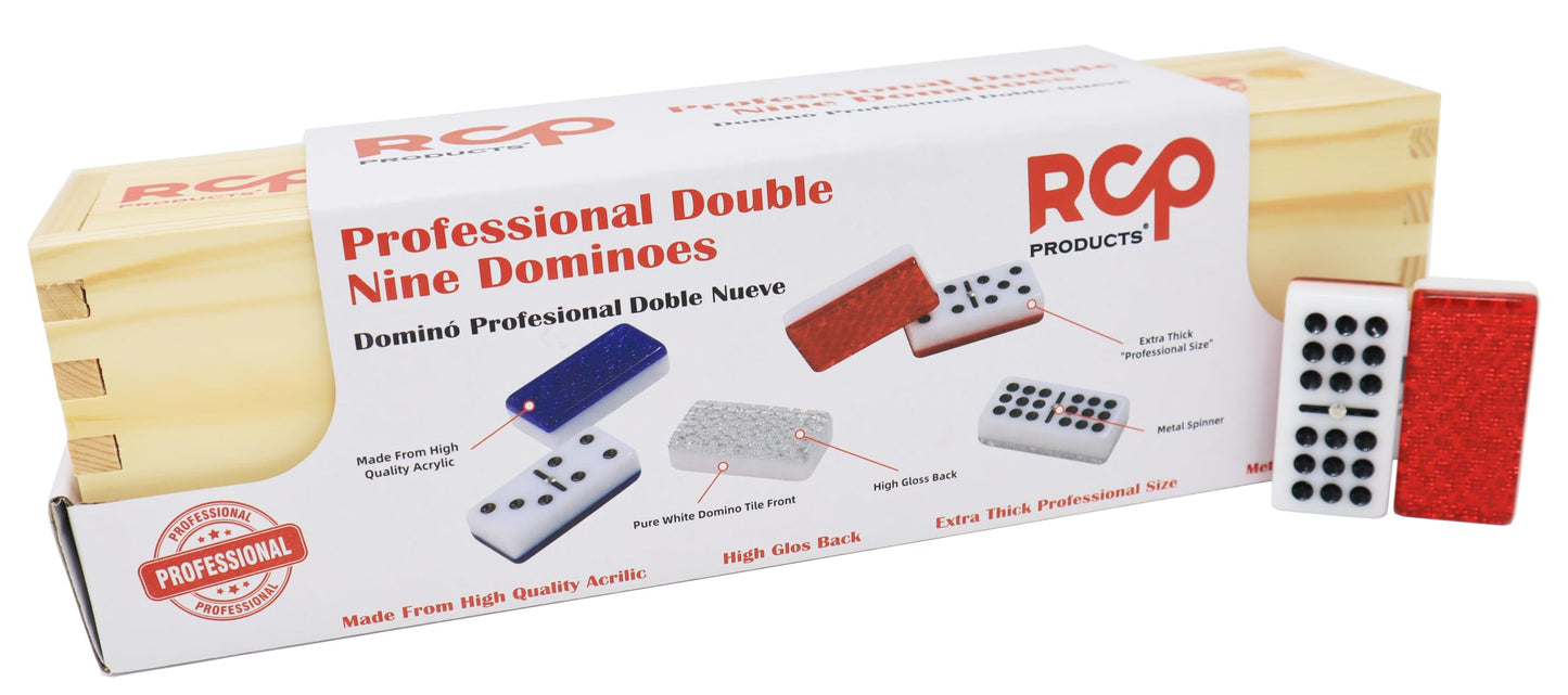 Rcp Products Double Nine Dominoes Professional, High Gloss Dominoes Set In Wood Box, Set Of 55 Tiles Color Red