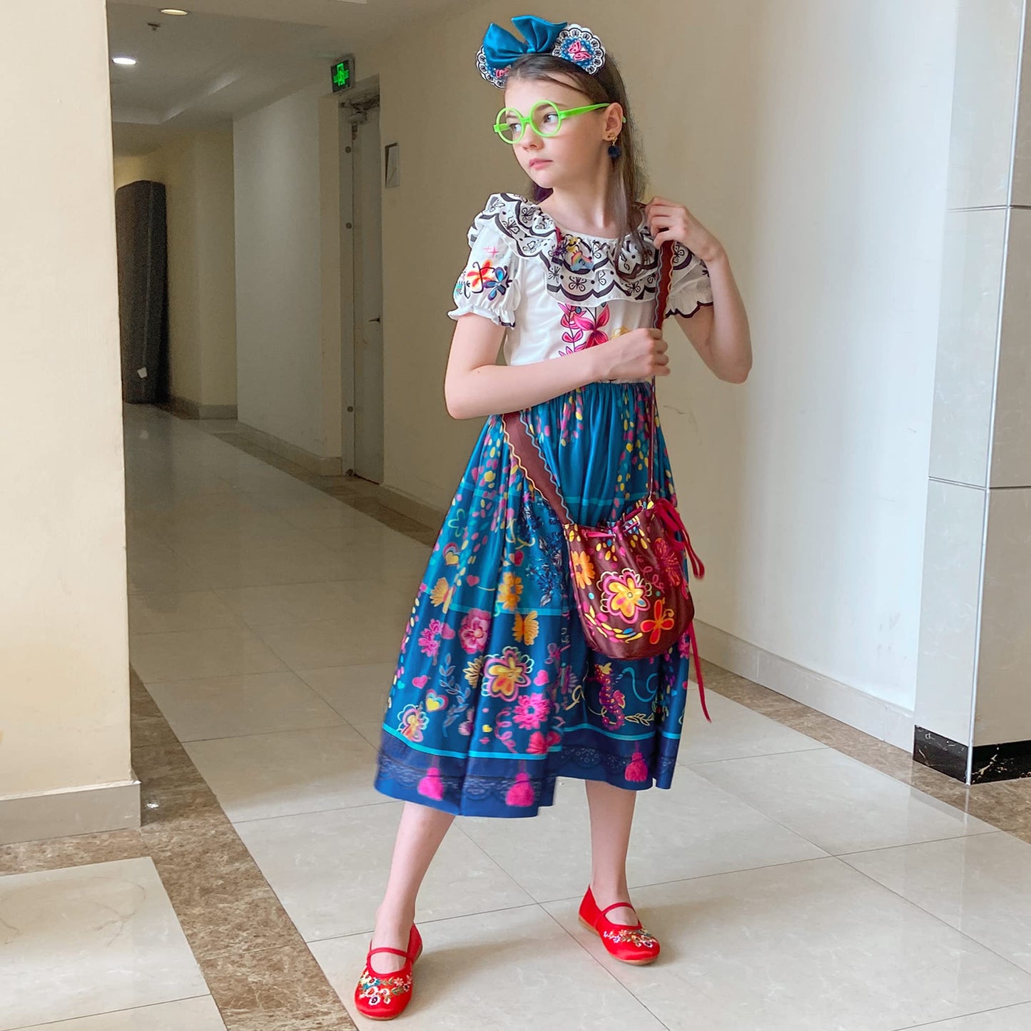 Ccjrlm Encanto Dress Mirabel Dress Encanto,Isabella Encanto Costume For Girls Cosplay Dress Up With Glasses Earrings 3-4 Years