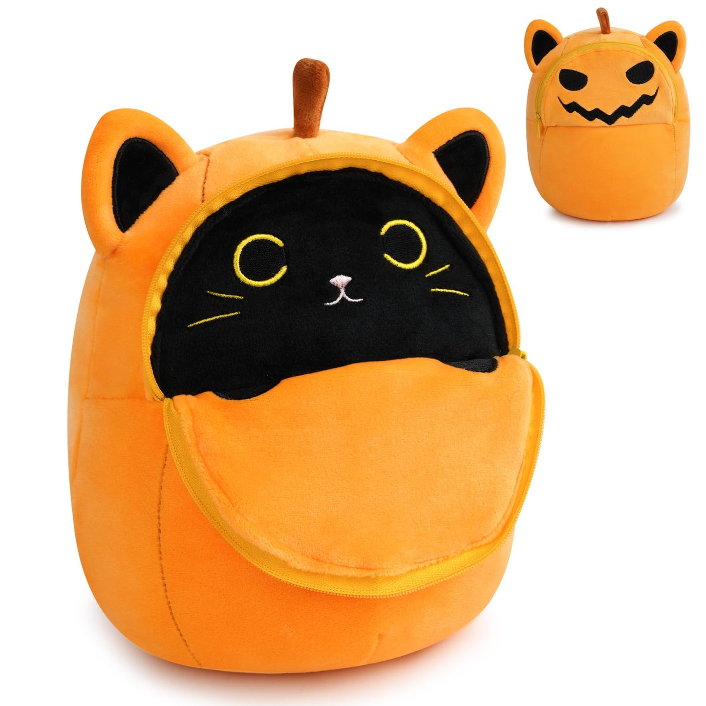 Leokawin Black Cat Stuffed Animal,8In Black Cat Plush,Cute Pumpkin Cat Plush Toy,Kawaii Pumpkin Black Cat Plush Pillows,Soft Bla