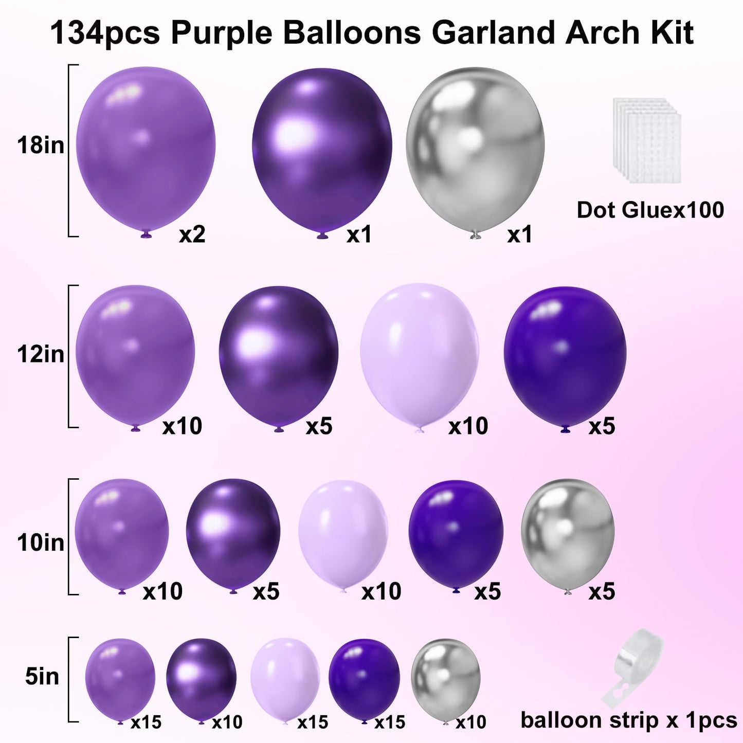 YMSZ Purple Balloon Garland Arch Kit - 134PCS Rubber Balloons for Birthday, Wedding & Baby Shower Decorations