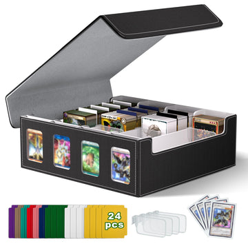 TNELTUEB Card Storage Box for Trading Cards  3000+ MTG Deck Box with 24 Colorful Dividers and 4 Card Supporters  Commander Deck holder with Viewing Windows Fits for MTG/TCG/Magic Cards (Black  Grey)