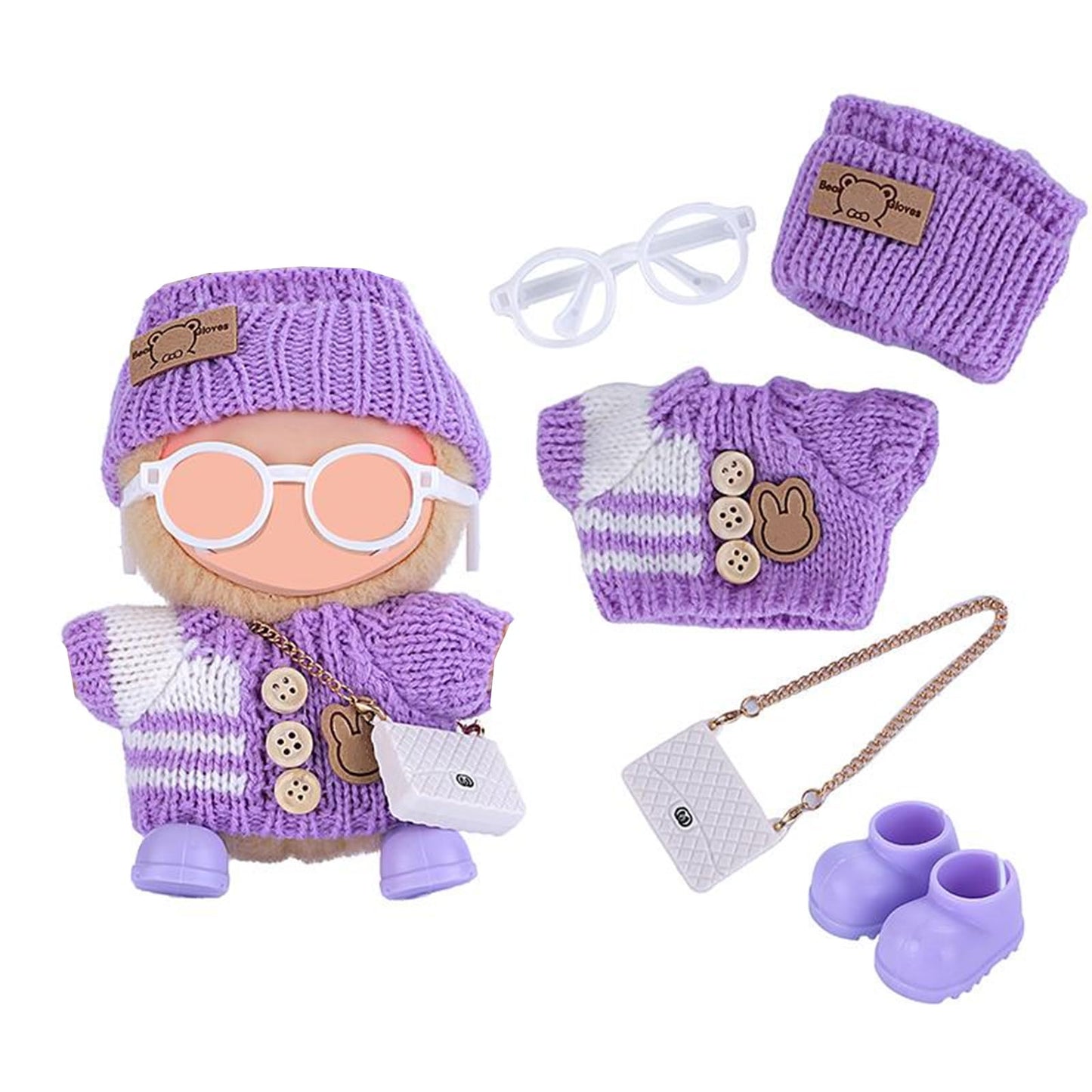 Ezcora Knitting Outfit Set for 17cm Dolls  4 Cozy Sweaters with Hats  Shoes  Glasses Bags  6.7-Inch Doll Accessories  Gift Idea (No Dolls)