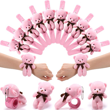 Ceenna 16 Pcs Valentine's Day Stuffed Bear Animal Slap Bracelets Plush Bear Slap Bracelets 8.66 Inch Pink Adorable Bear Slap Wri
