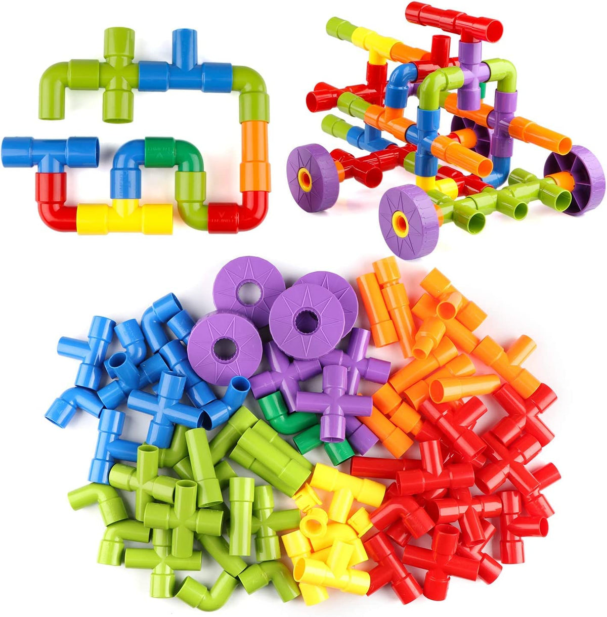 PULSBERY Educational Pipe Puzzle for Kids  82+Pcs Plastic Water Pipe Shaped Creative Tube Locks Construction Set Toy with Wheel