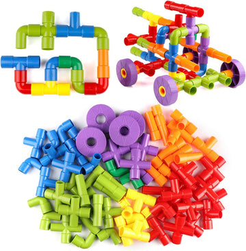 PULSBERY Educational Pipe Puzzle for Kids  82+Pcs Plastic Water Pipe Shaped Creative Tube Locks Construction Set Toy with Wheel
