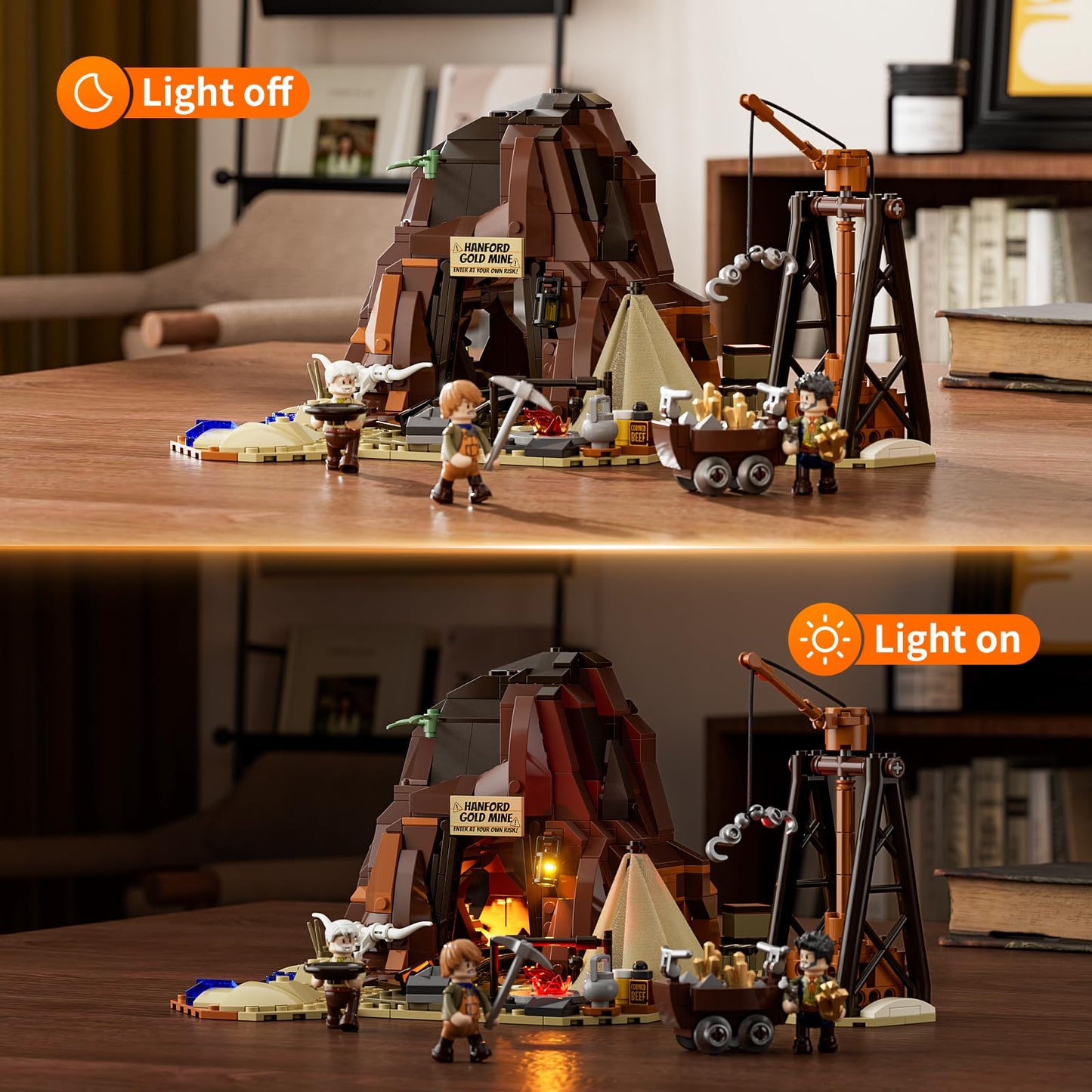 FUNWHOLE Wild West Gold Mine Lighting Building-Bricks Set - Western Prospectors Dig Entrance 658 Pcs Mining Playset for mature-themeds and West Lovers